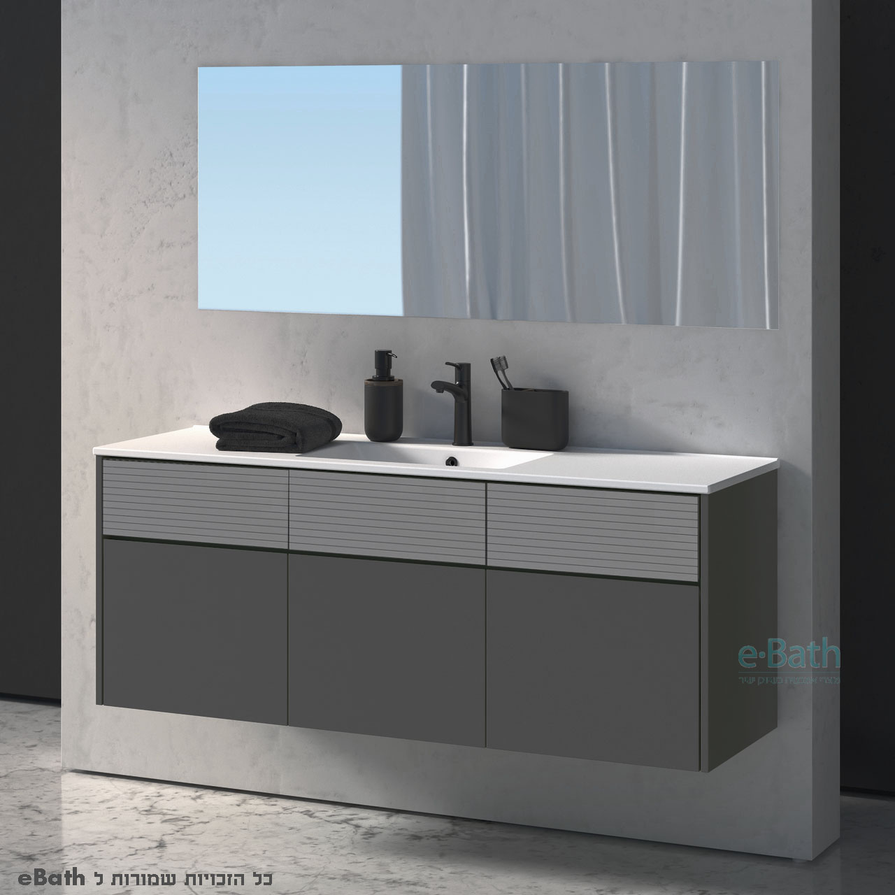 ארון אמבטיה תלוי בשילוב צבעים וניר, רוחב 150 ס"מ ארון אמבטיה תלוי בשילוב צבעים וניר, רוחב 150 ס"מ