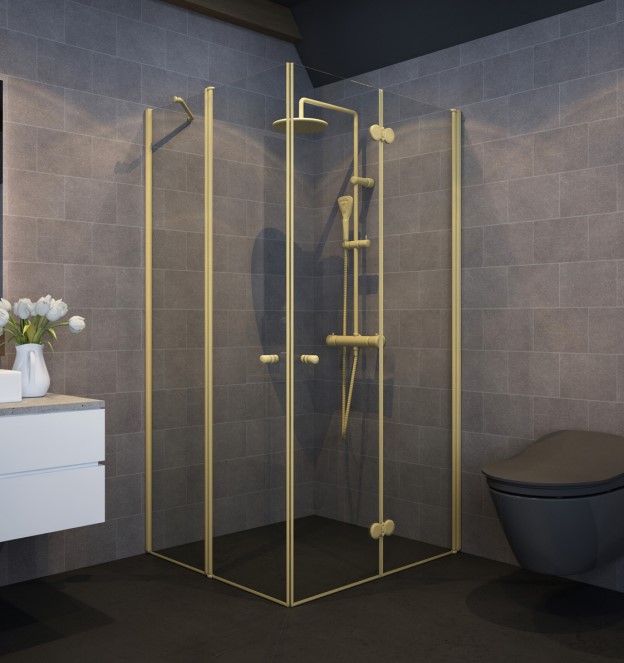 מקלחון פינתי פרזול זהב, דופן קבועה ו-2 דלתות OUT/IN מקלחון פינתי פרזול זהב, דופן קבועה ו-2 דלתות OUT/IN