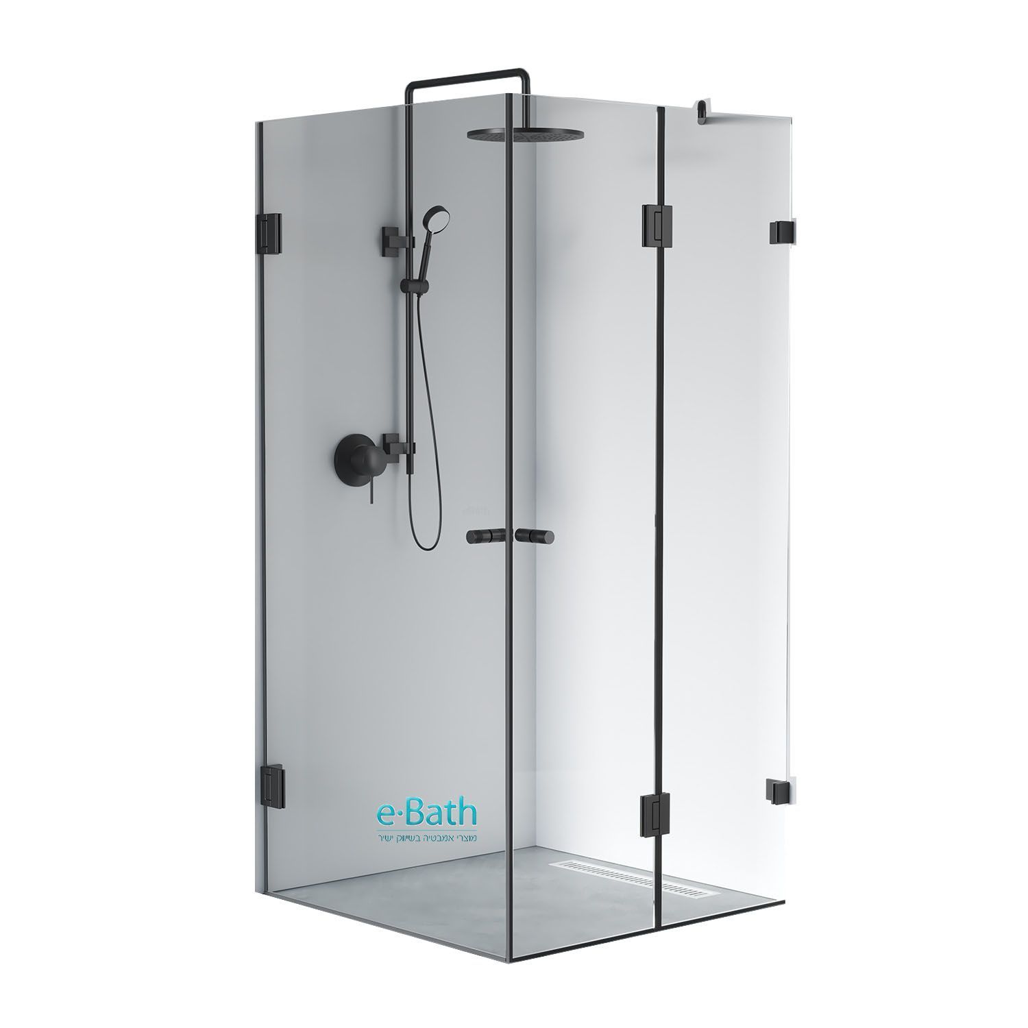 מקלחון פינתי פרזול שחור, דופן קבועה ושתי דלתות הנפתחות פנימה והחוצה מקלחון פינתי פרזול שחור, דופן קבועה ושתי דלתות הנפתחות פנימה והחוצה