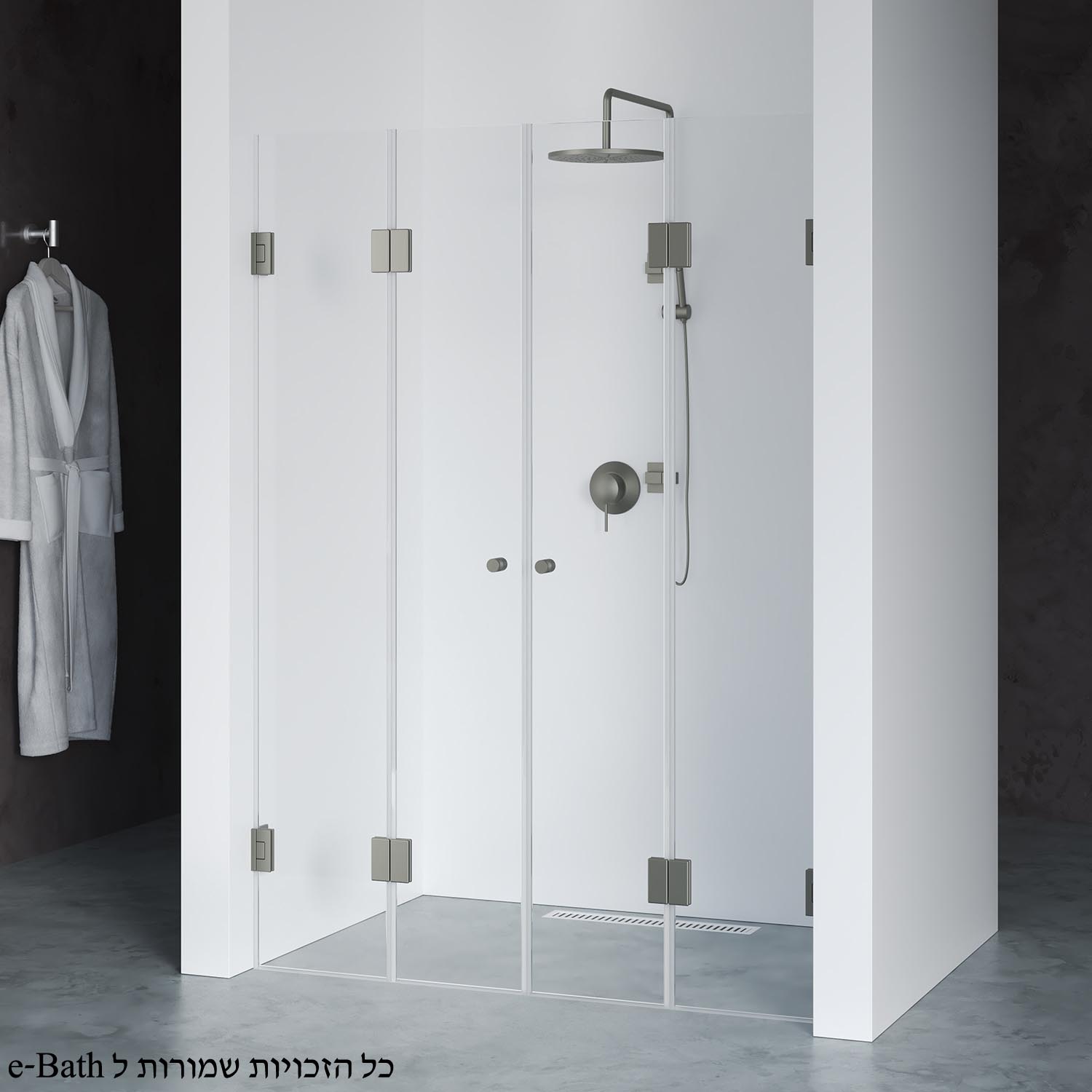 מקלחון חזית פרזול שחור, שתי דלתות הרמוניקה מתקפלות ונפתחות פנימה והחוצה. מקלחון חזית פרזול שחור, שתי דלתות הרמוניקה מתקפלות ונפתחות פנימה והחוצה.