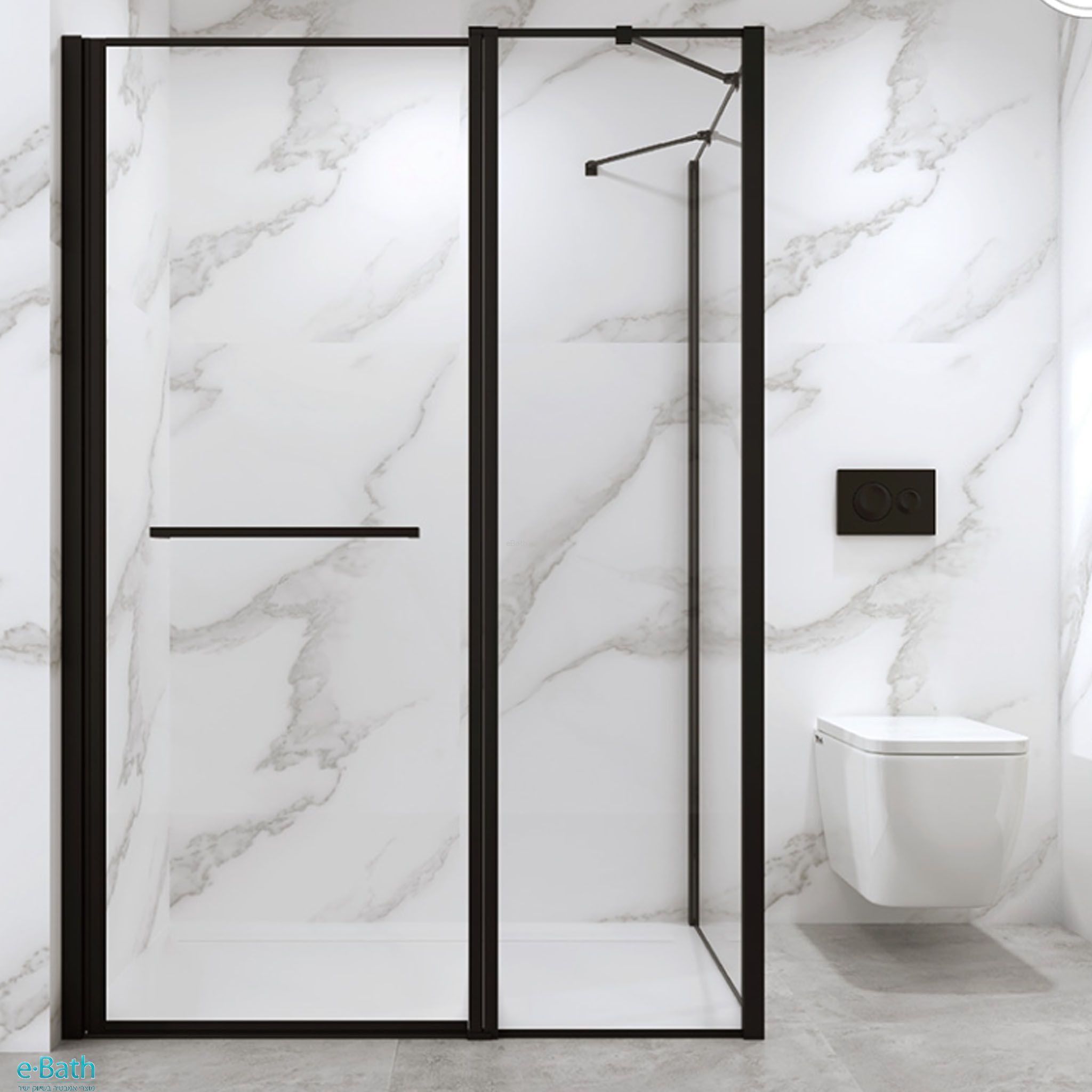 מקלחון פינתי 2 דלתות על ציר נפתחות פנימה והחוצה, פרזול שחור מקלחון פינתי 2 דלתות על ציר נפתחות פנימה והחוצה, פרזול שחור