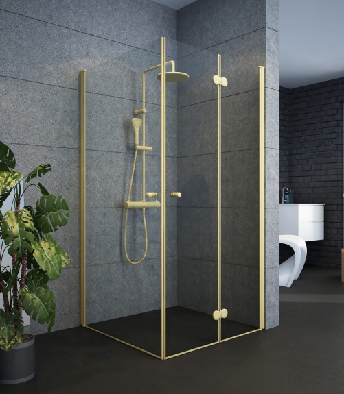 מקלחון פינתי 2 דלתות קבועות ו-2 דלתות נפתחות פנימה והחוצה זהב מט מקלחון פינתי 2 דלתות קבועות ו-2 דלתות נפתחות פנימה והחוצה זהב מט