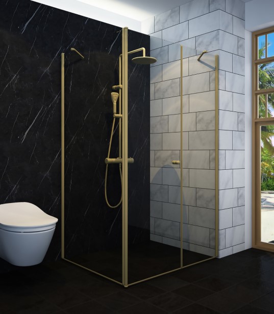 מקלחון פינתי הרמוניקה זהב מתקפל OUT/IN וקיר צד מקלחון פינתי הרמוניקה זהב מתקפל OUT/IN וקיר צד