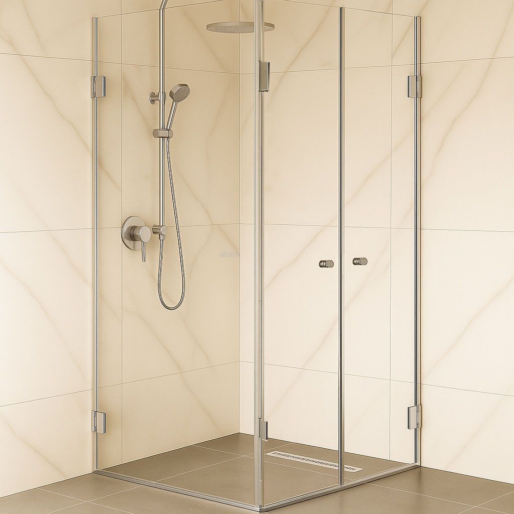 מקלחון פינתי, דופן קבועה ושתי דלתות הנפתחות פנימה והחוצה. מקלחון פינתי, דופן קבועה ושתי דלתות הנפתחות פנימה והחוצה.