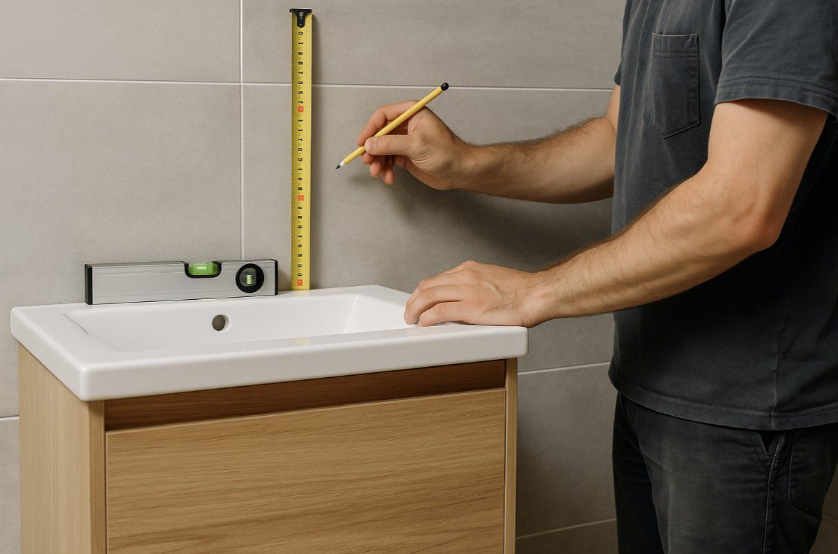 מדידת קיר לפני התקנת ארון אמבטיה תלוי