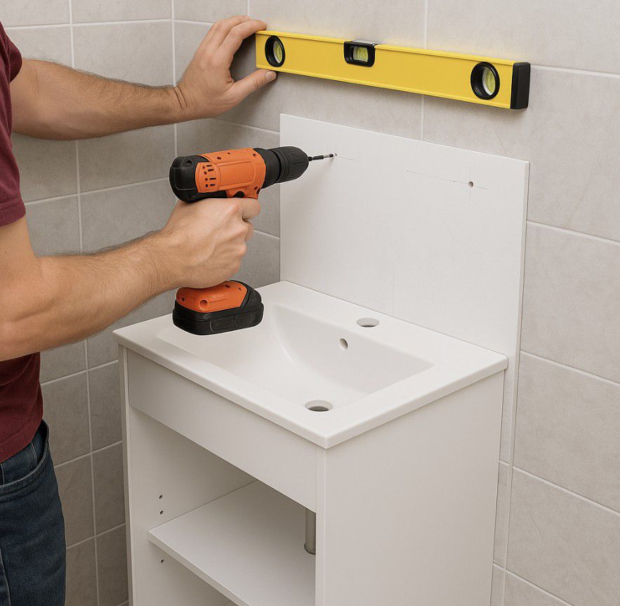 סימון וניקוב קיר לפני התקנת ארון אמבטיה